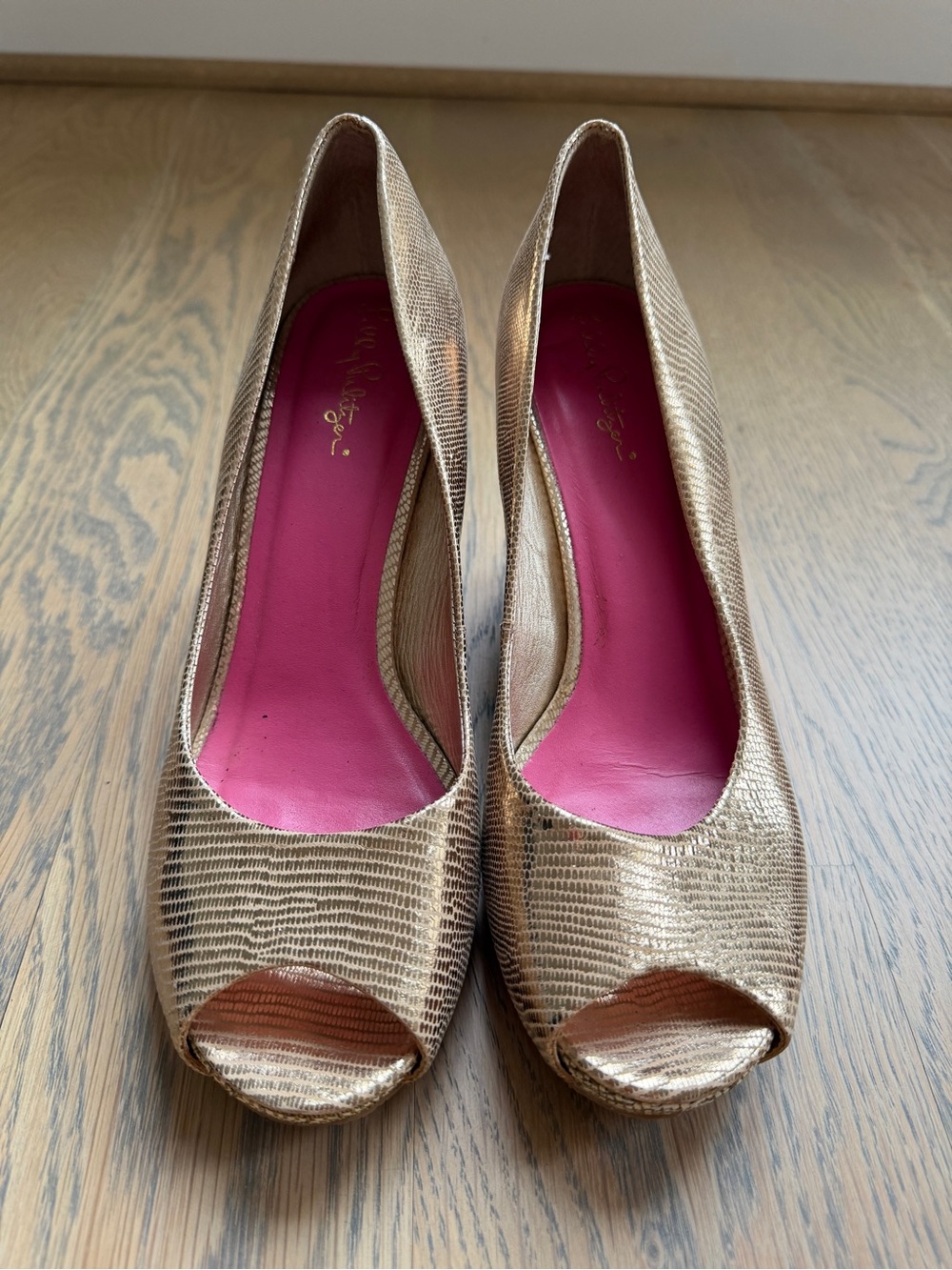 Lilly Pulitzer Metallic Gold Peep-Toe Wedges
